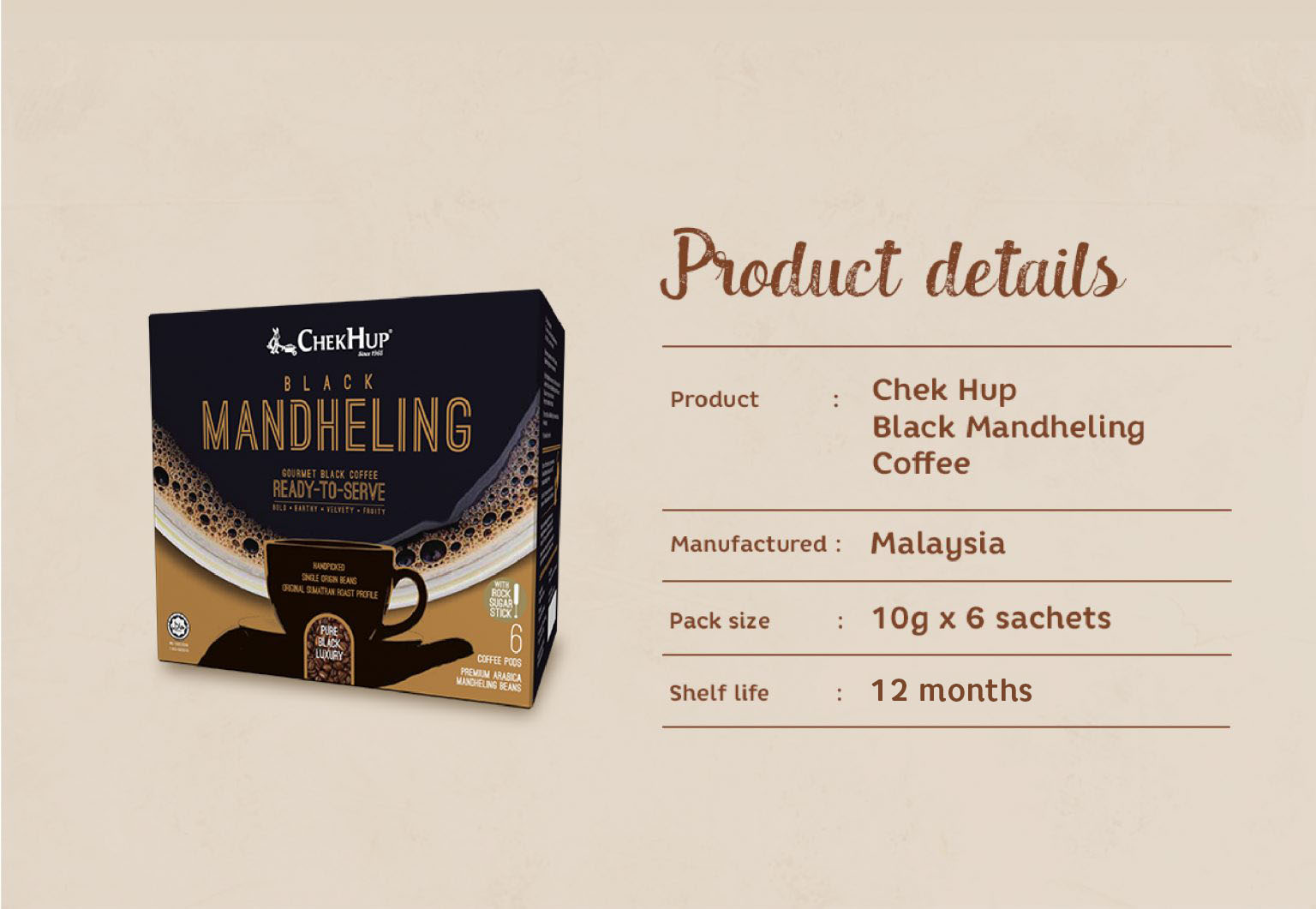 Chek Hup Black Mandheling Gourmet Black Coffee (10g x 6 sachets)