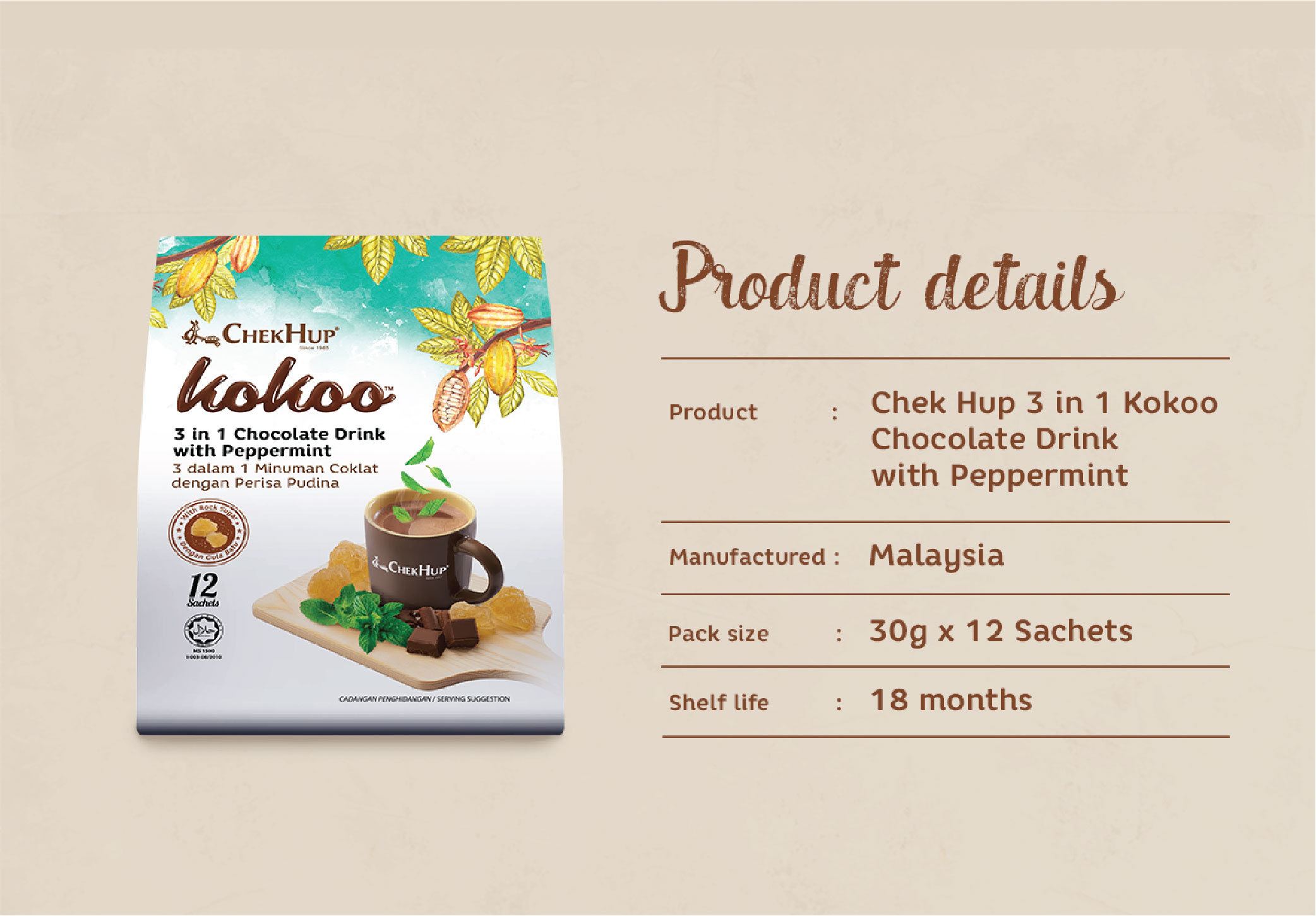 Chek Hup Kokoo 3 in 1 Chocolate Drink with Peppermint (30g x 12's)