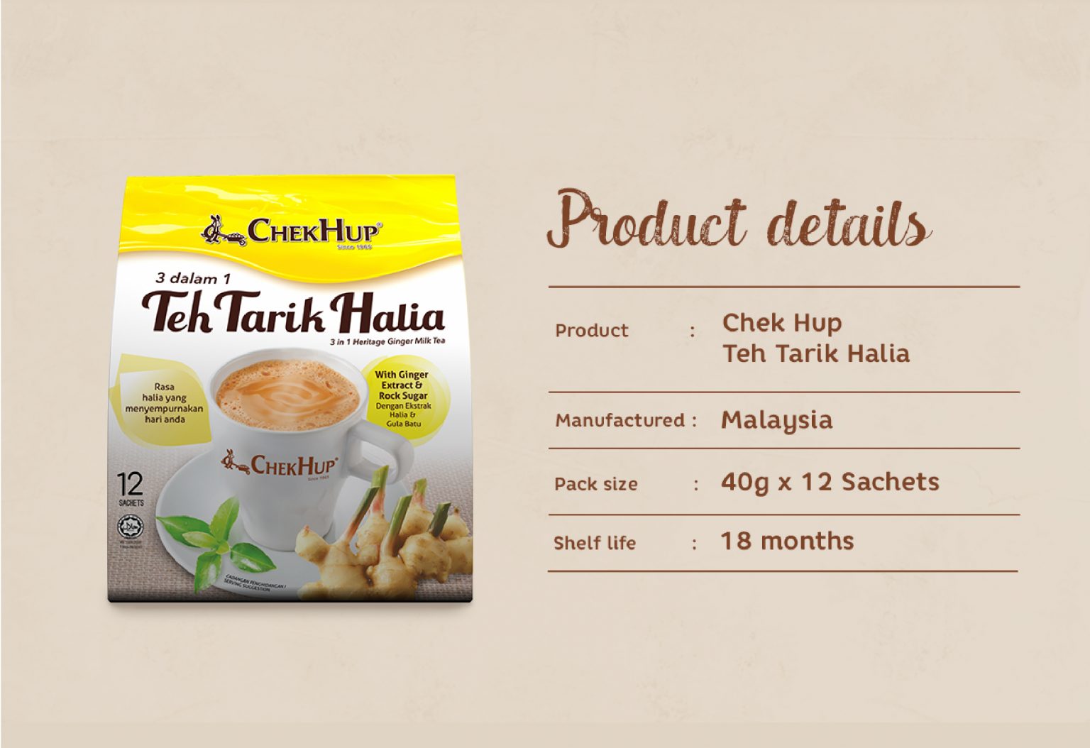 Chek Hup Teh Tarik Halia 3 in 1 (40g x 12 sachets)