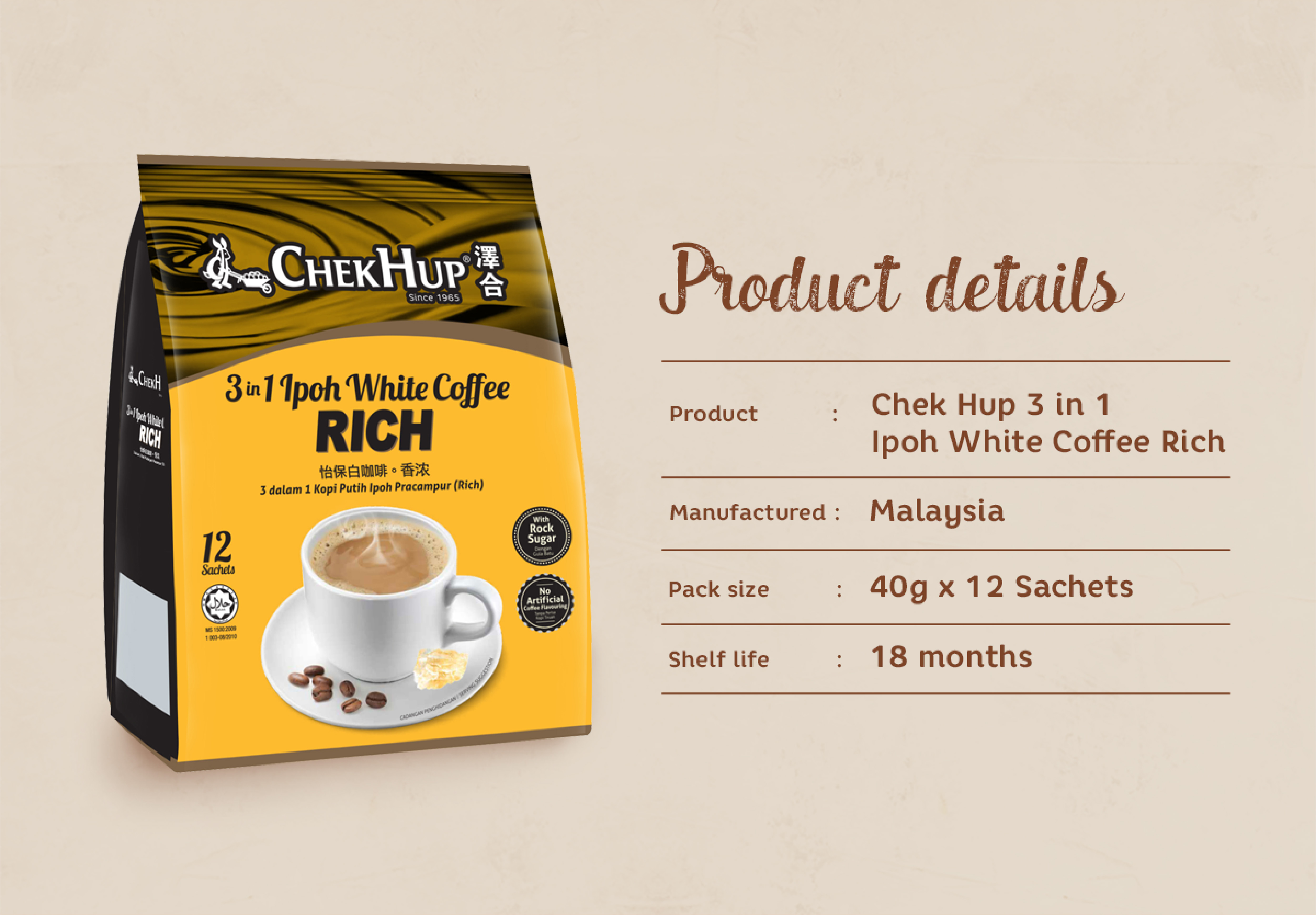 Chek Hup 3 in 1 Ipoh White Coffee (Rich) + Kokoo with Hazelnut