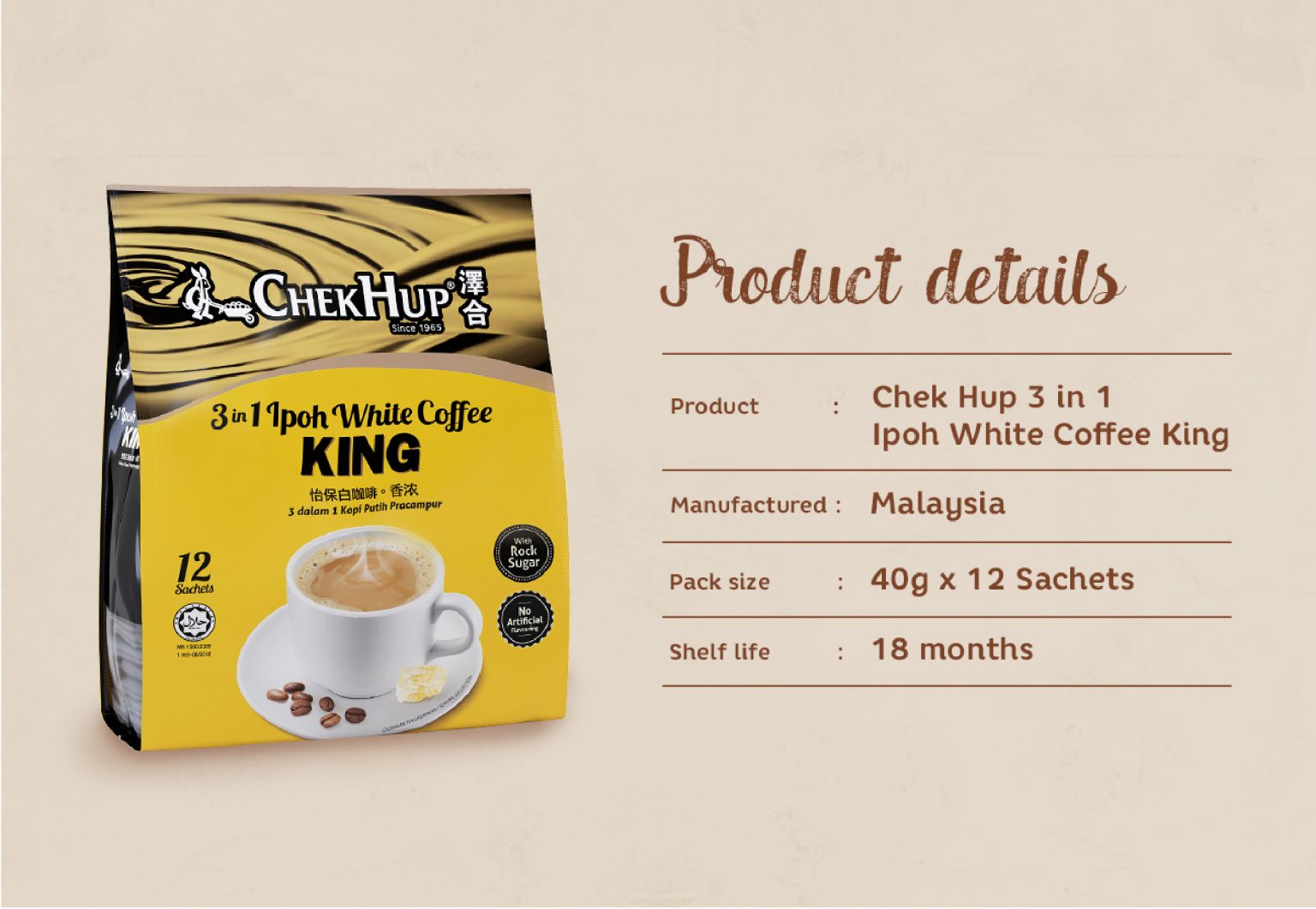 Chek Hup 3 in 1 Ipoh White Coffee (Rich) (40g x 12 sachets)