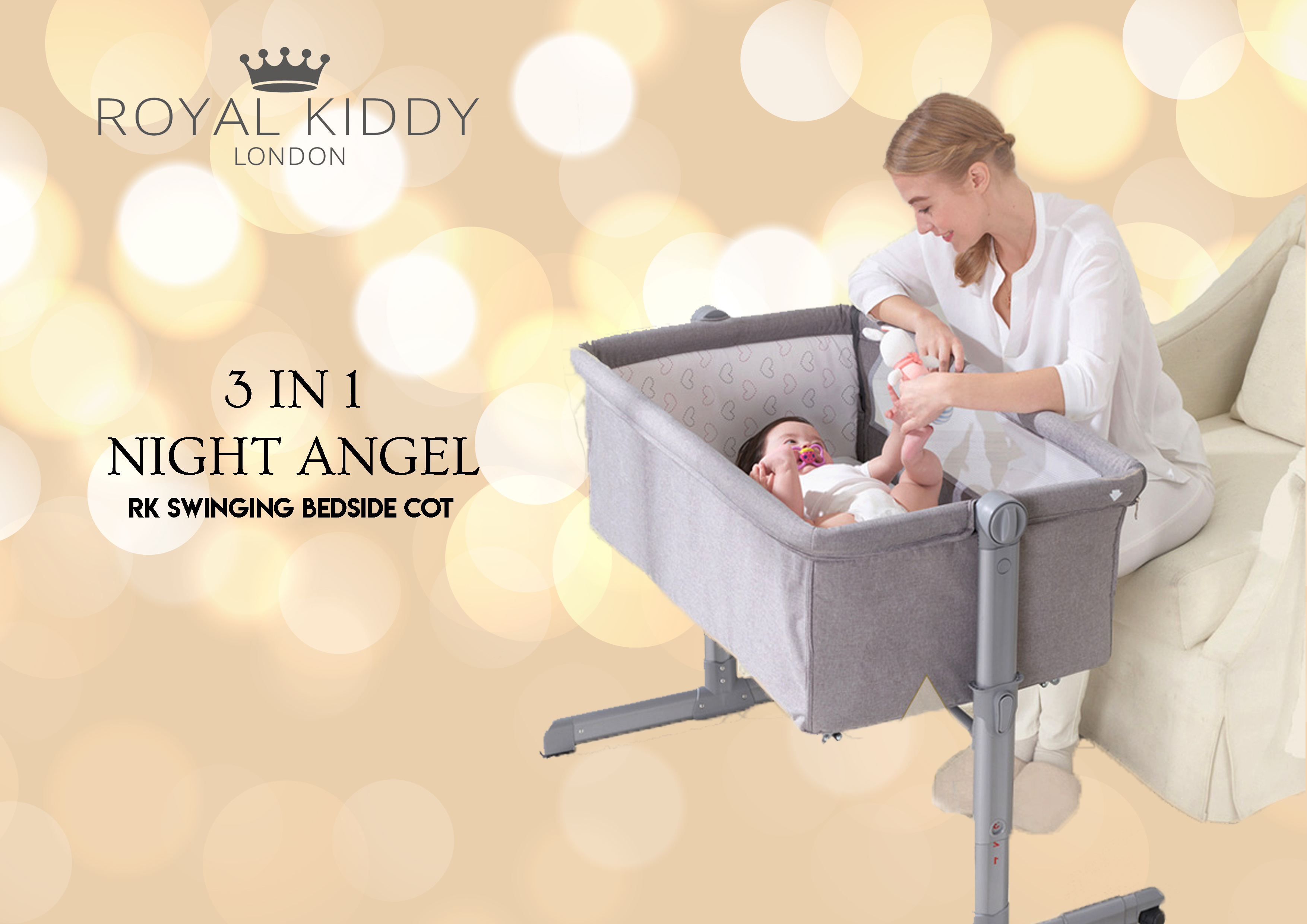 Royal Kiddy London 3 in 1 Night Angel Portable Bedside Baby Cot (Grey)