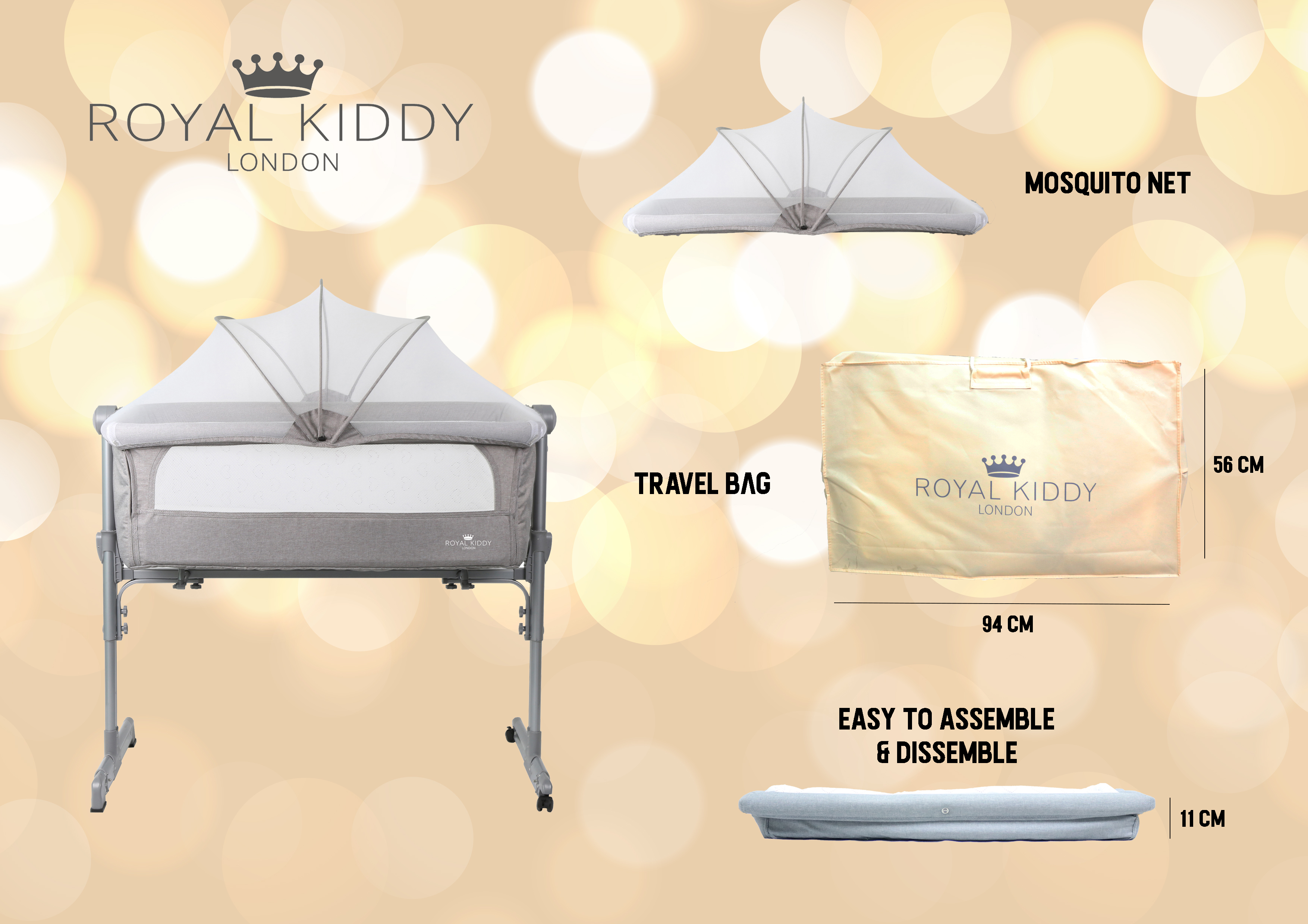 Royal Kiddy London 3 in 1 Night Angel Portable Bedside Baby Cot (Grey)