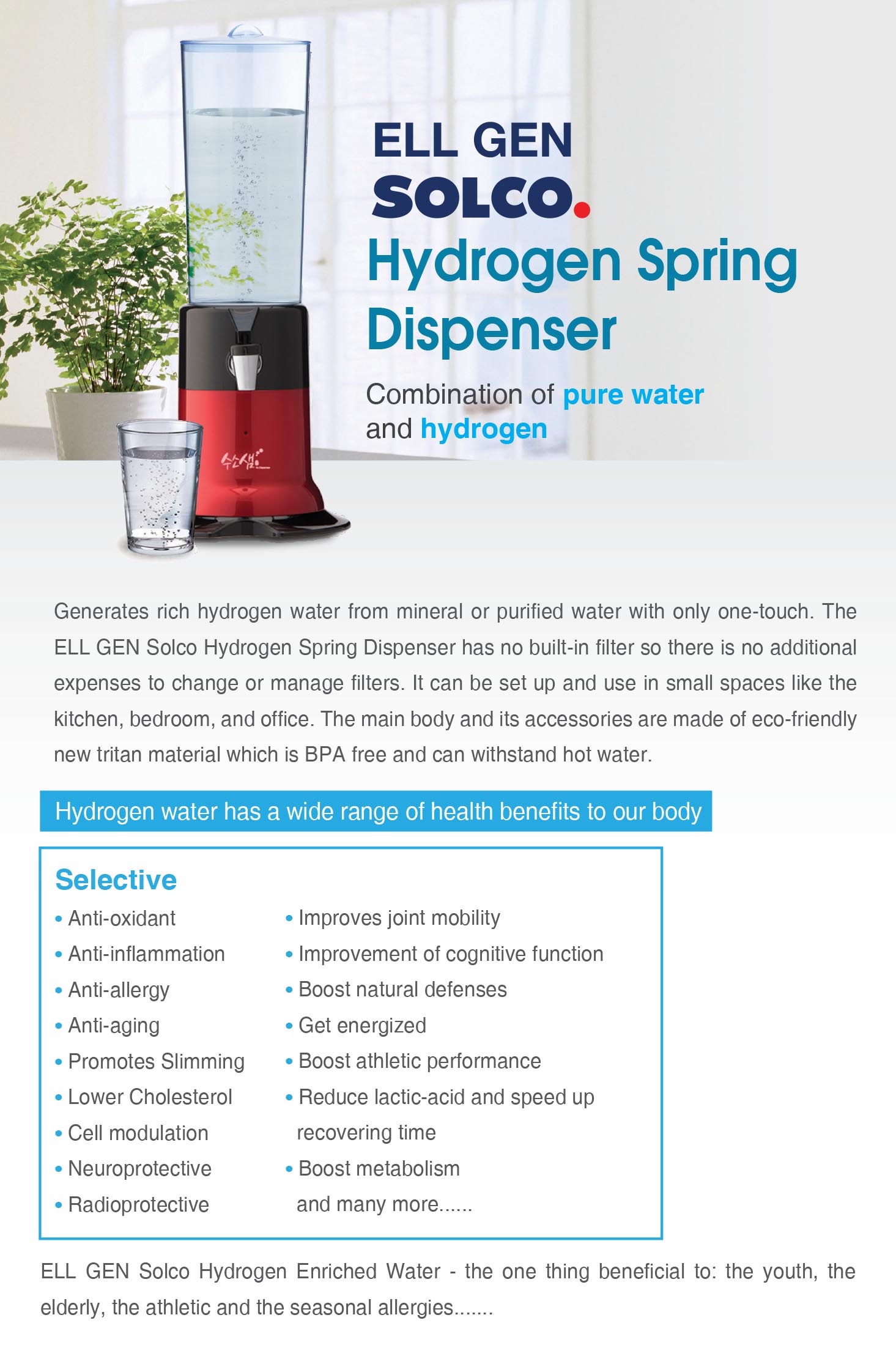 ELL GEN SOLCO Hydrogen Water Generator Spring Dispenser
