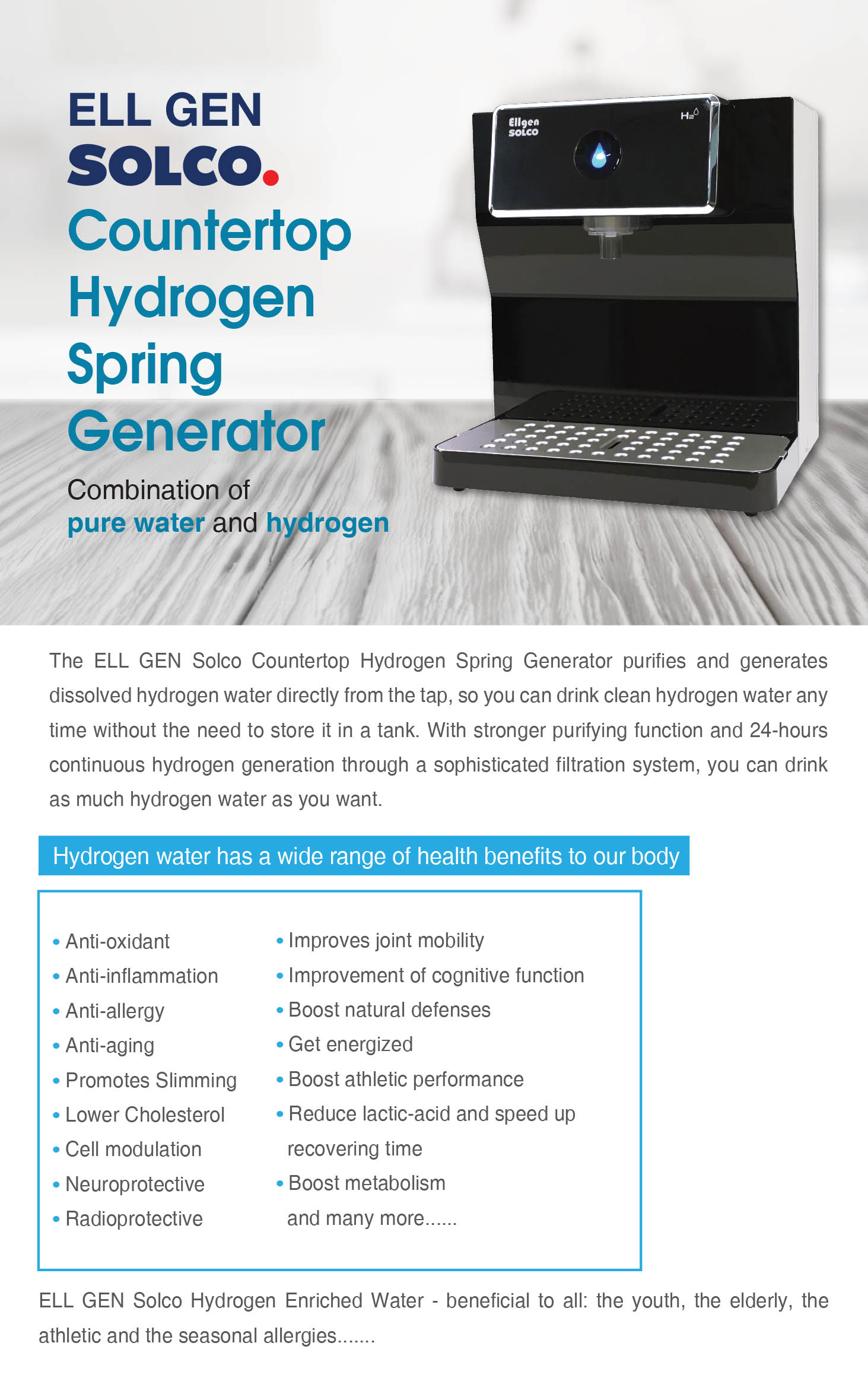 Ell Gen SOLCO Countertop Hydrogen Water Spring Generator