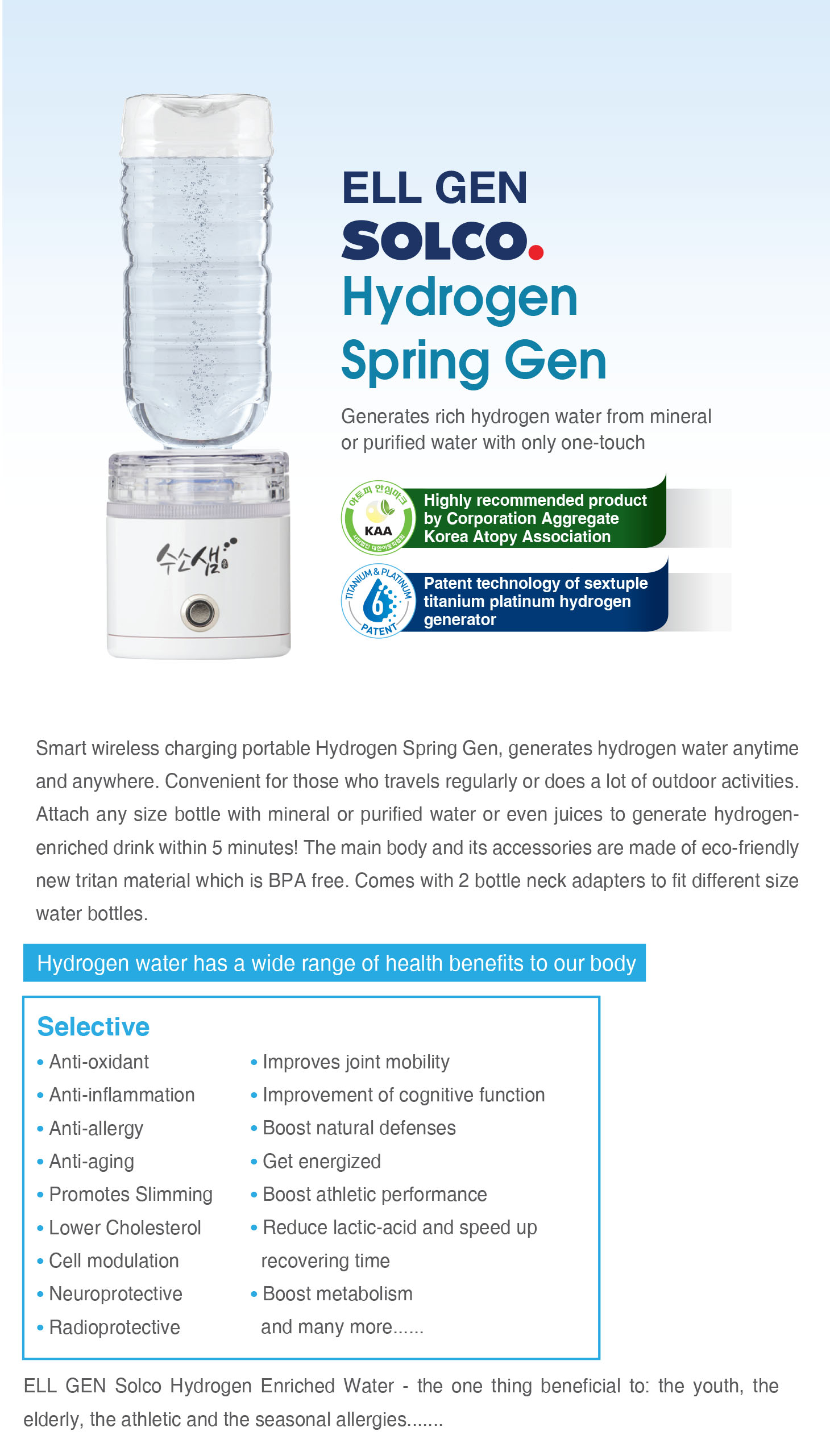 Ell Gen SOLCO Hydrogen Water Generator Spring Gen