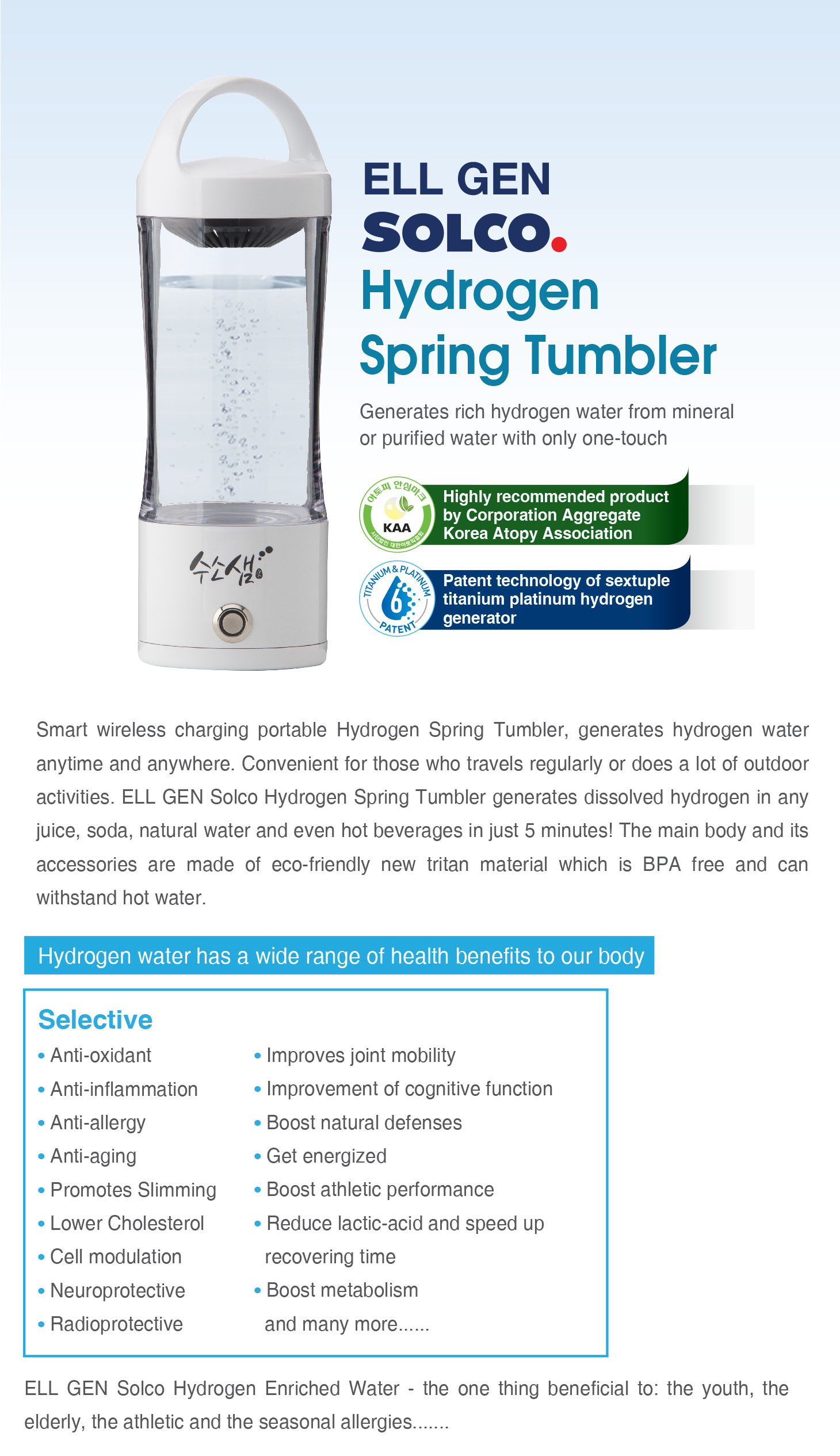 ELL GEN SOLCO Hydrogen Water Generator Spring Tumbler