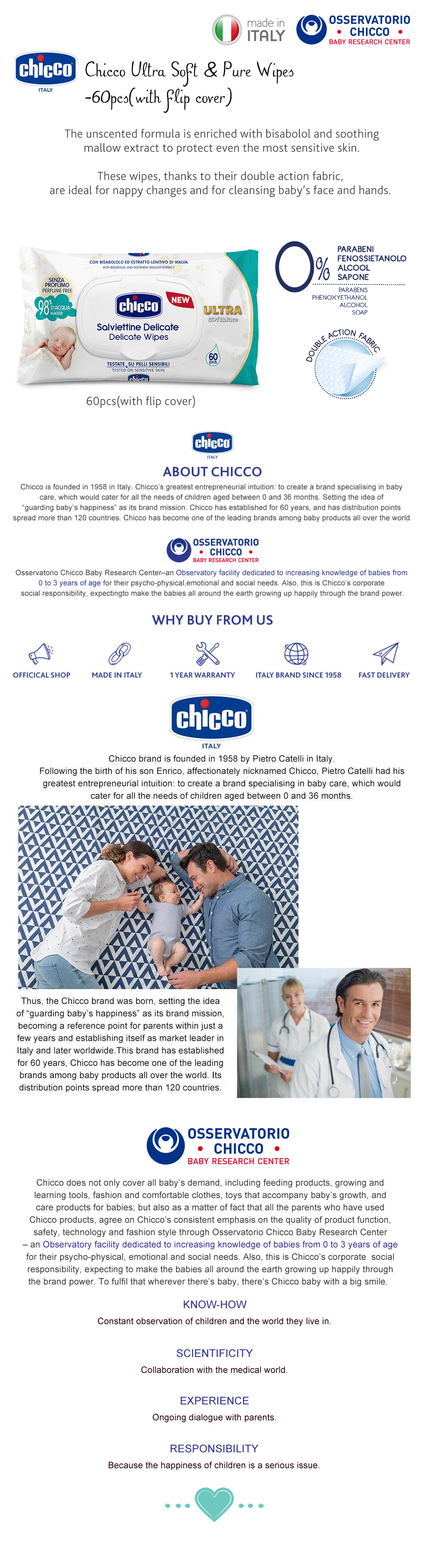 Chicco Ultra Soft & Pure Wipes-60pcs(with flip cover)