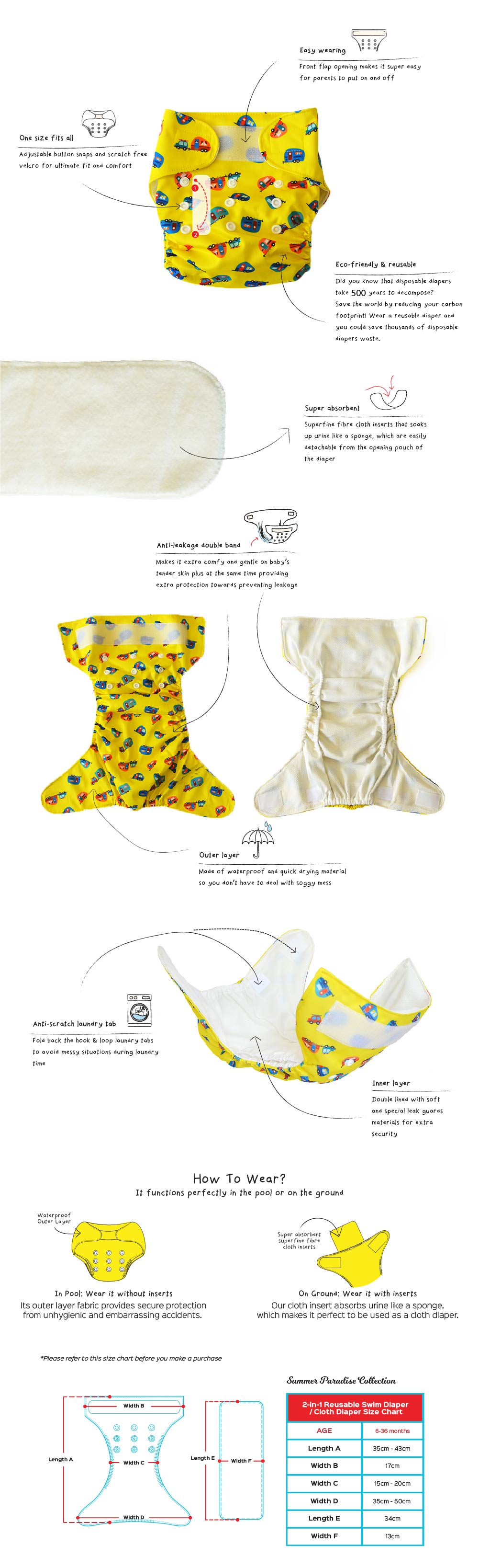Cheekaaboo 2-in-1 Reusable Swim Diaper / Cloth Diaper - Pineapple (6-36 months) - Summer Paradise