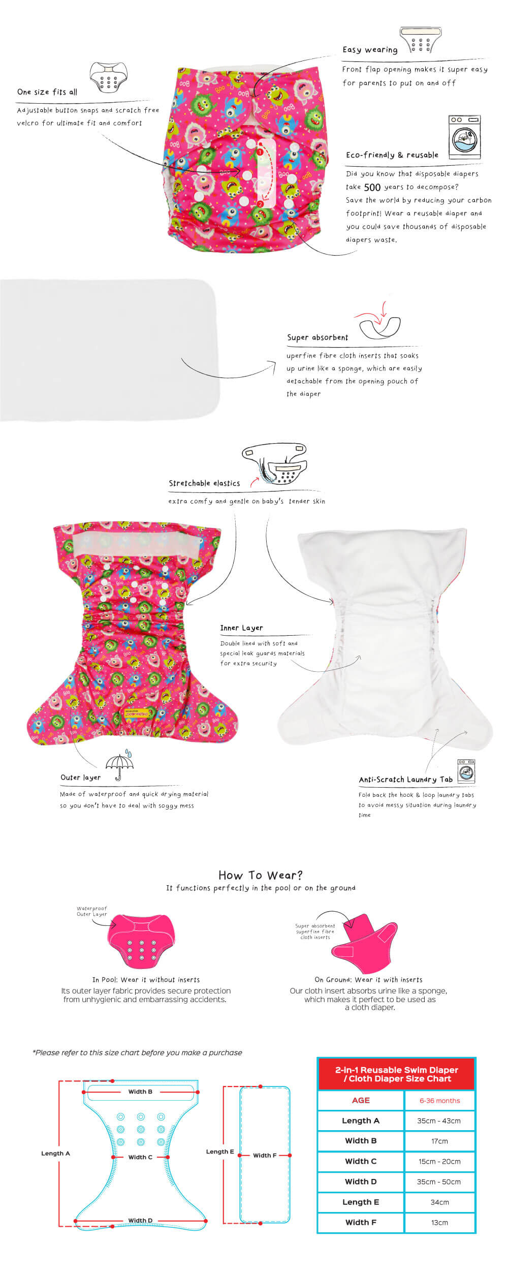 Cheekaaboo 2-in-1 Reusable Swim Diaper / Cloth Diaper - Pink Monster (6-36 months) - Monster Family