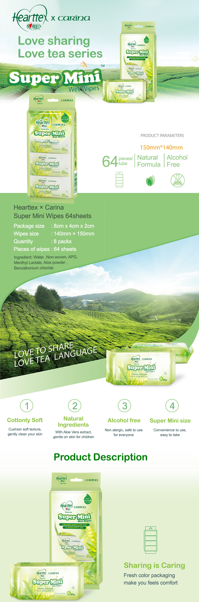 Hearttex Super Mini Wipes 8's x 1 tube - TEA SERIES
