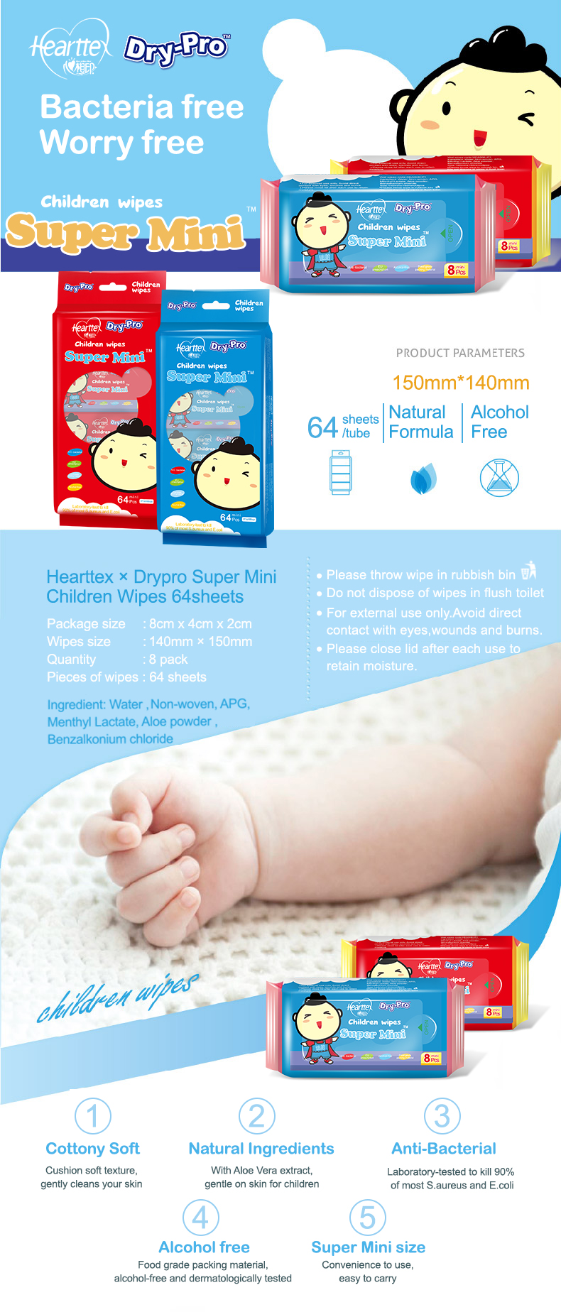 Hearttex Super Mini Wipes 8's x 1 tube - FRUIT SERIES BLUE