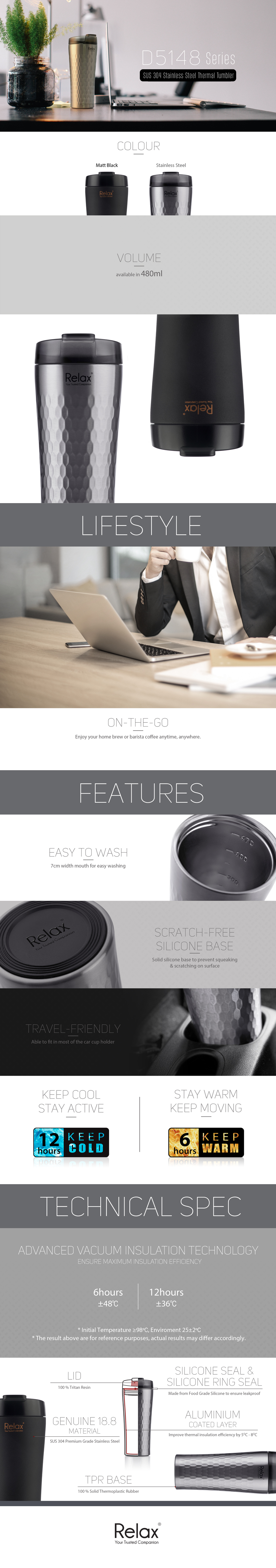 Relax Bottles Executive 480ml 18.8 S/S Thermal Tumbler (Stainless Steel)